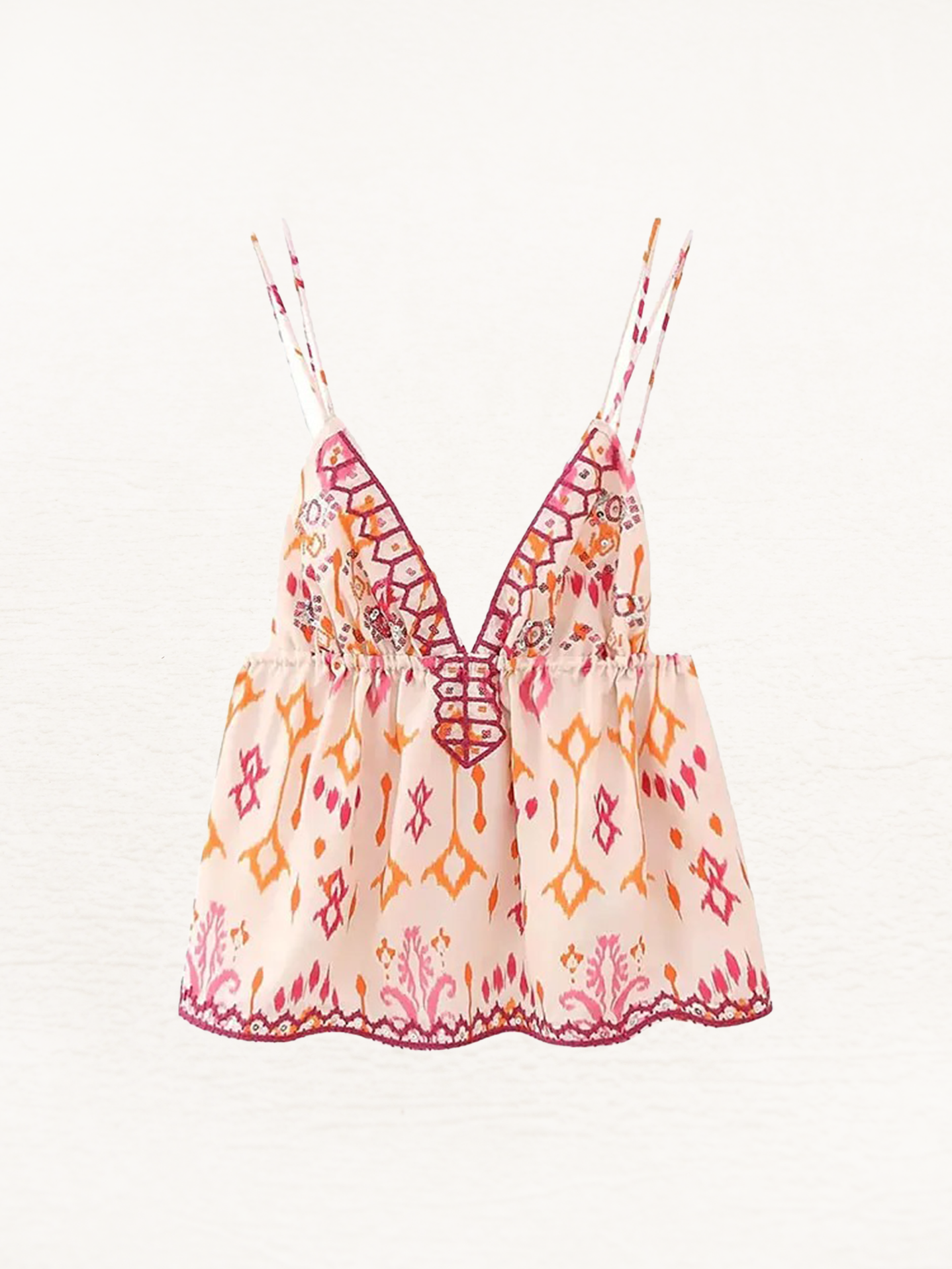 Benthe Bohemian Blouse Dames | Triangel Topje Met Print | Boho Top Roze-Oranje