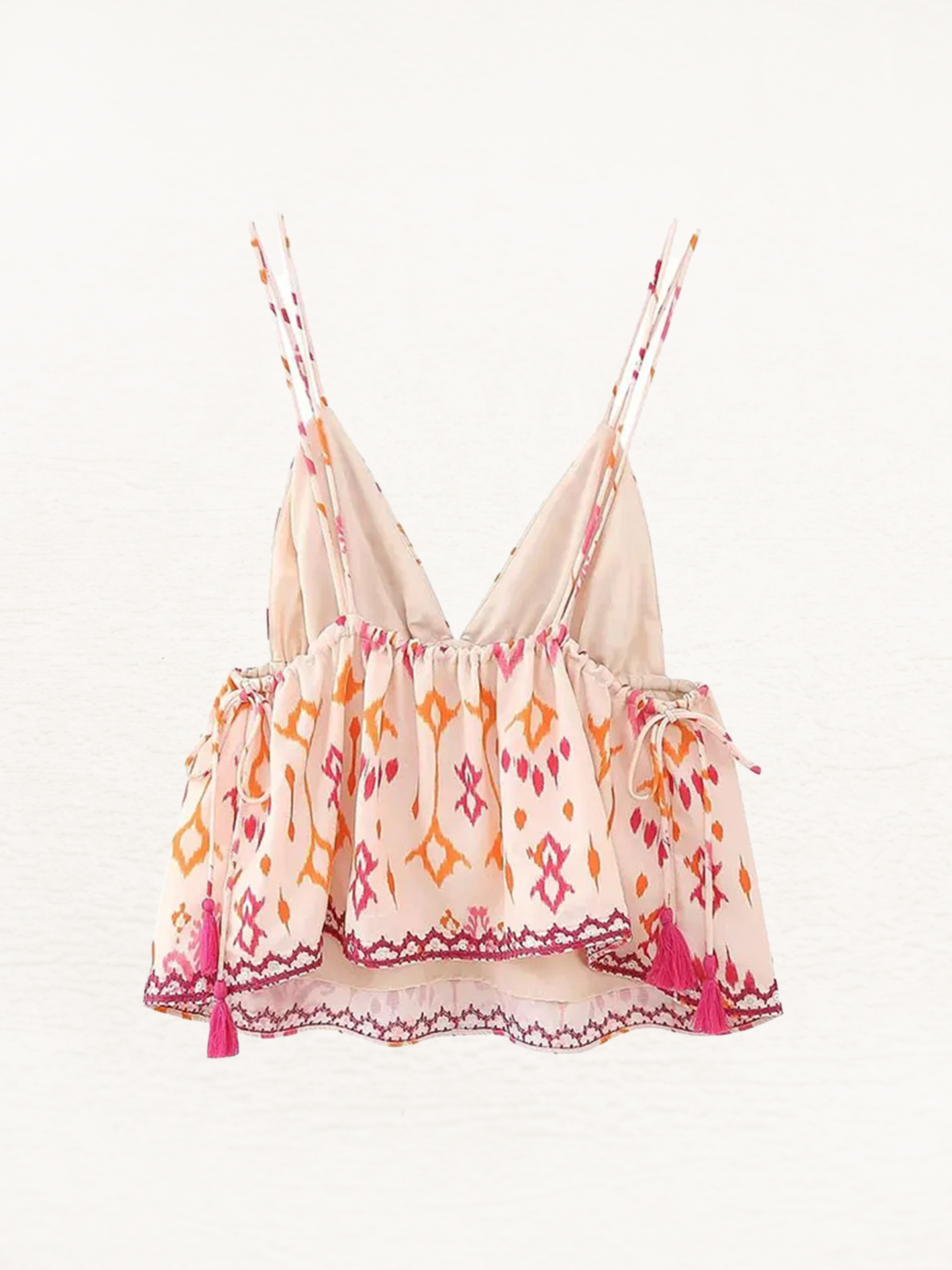 Benthe Bohemian Blouse Dames | Triangel Topje Met Print | Boho Top Roze-Oranje