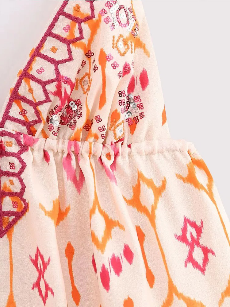 Benthe Bohemian Blouse Dames | Triangel Topje Met Print | Boho Top Roze-Oranje