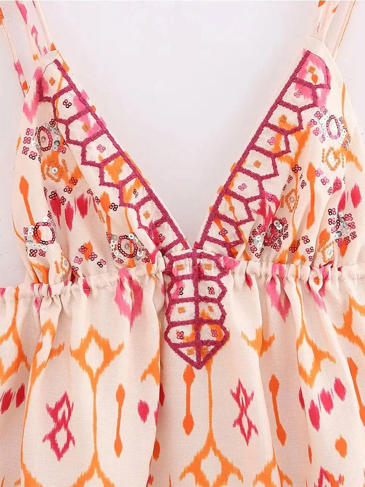 Benthe Bohemian Blouse Dames | Triangel Topje Met Print | Boho Top Roze-Oranje