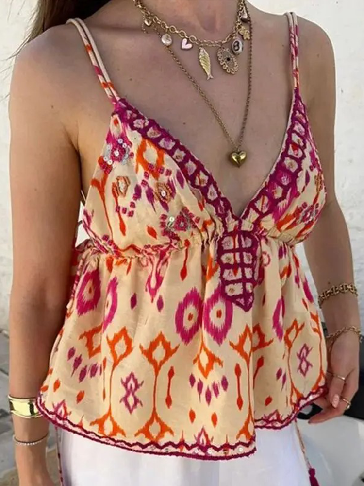 Benthe Bohemian Blouse Dames | Triangel Topje Met Print | Boho Top Roze-Oranje
