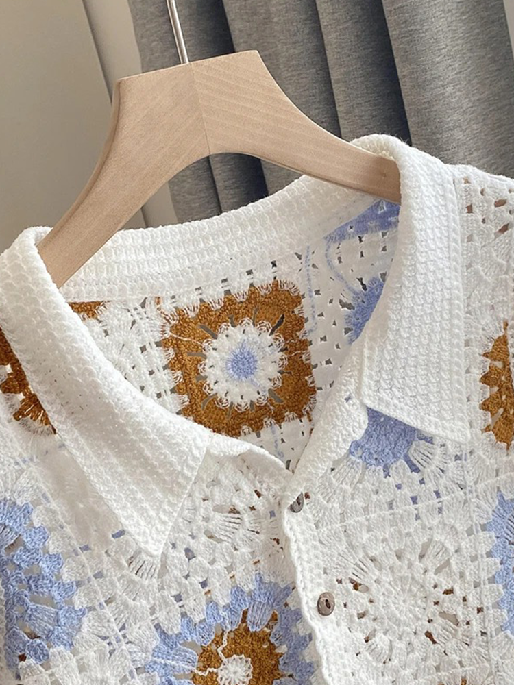 Franka Gehaakte Blouse Dames | Gehaakt Shirtje Met Korte Mouwen | Met Knoopjes