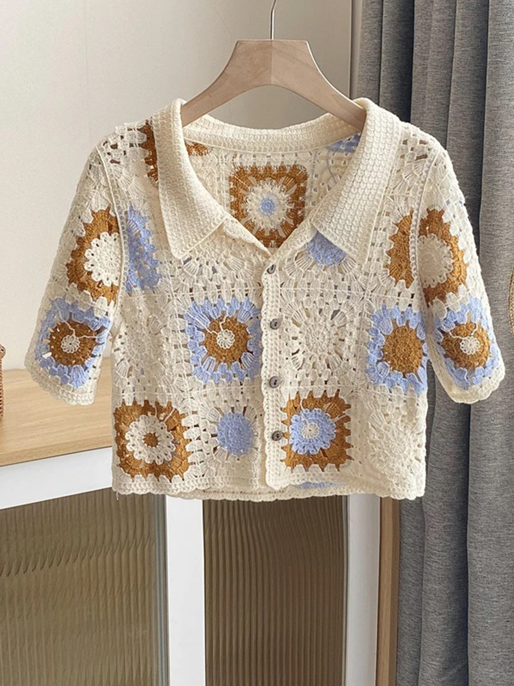 Franka Gehaakte Blouse Dames | Gehaakt Shirtje Met Korte Mouwen | Met Knoopjes