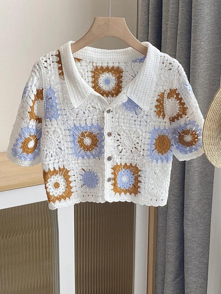 Franka Gehaakte Blouse Dames | Gehaakt Shirtje Met Korte Mouwen | Met Knoopjes