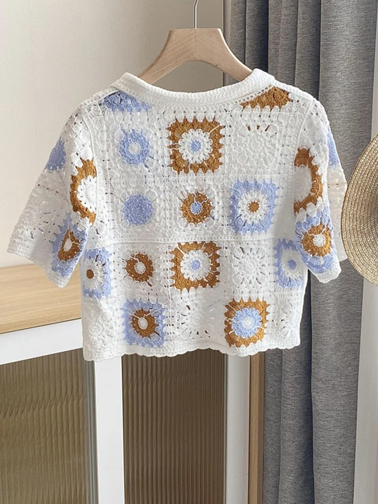 Franka Gehaakte Blouse Dames | Gehaakt Shirtje Met Korte Mouwen | Met Knoopjes