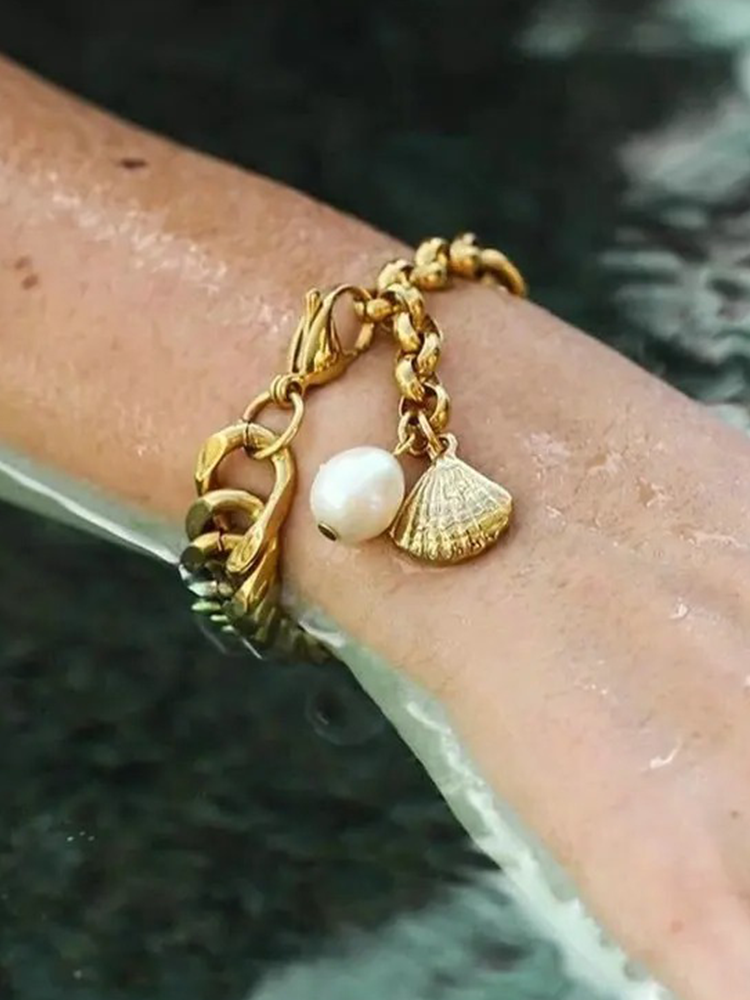 Fenke Chunky Schelp & Parel Armband Goud