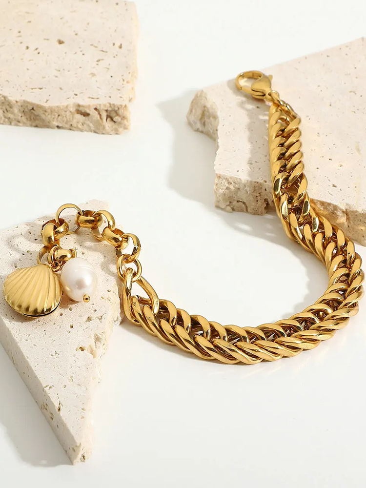 Fenke Chunky Schelp & Parel Armband Goud
