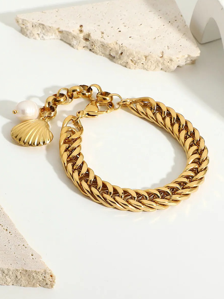 Fenke Chunky Schelp & Parel Armband Goud