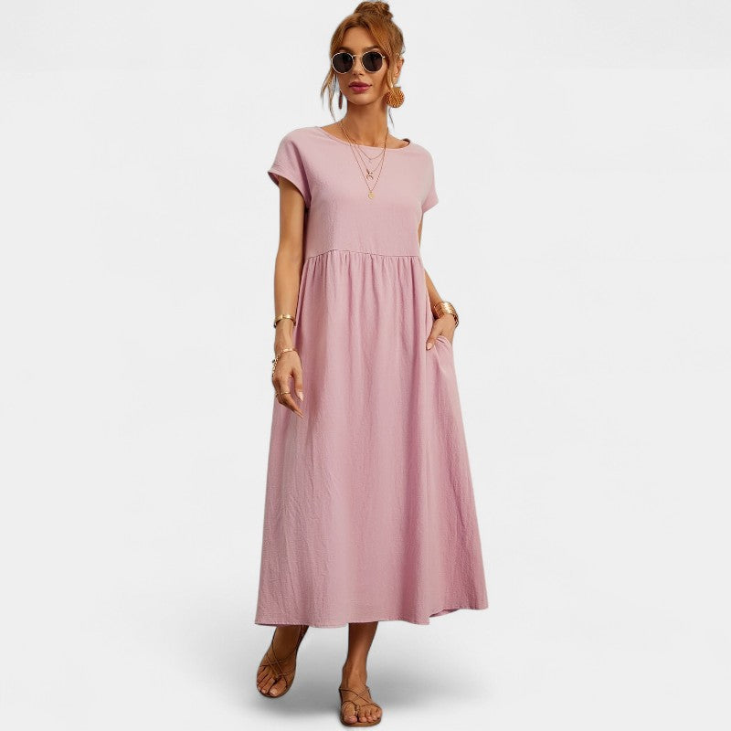 Virelle Lange Jurk - Linnen maxi dress met korte mouwen en ronde hals