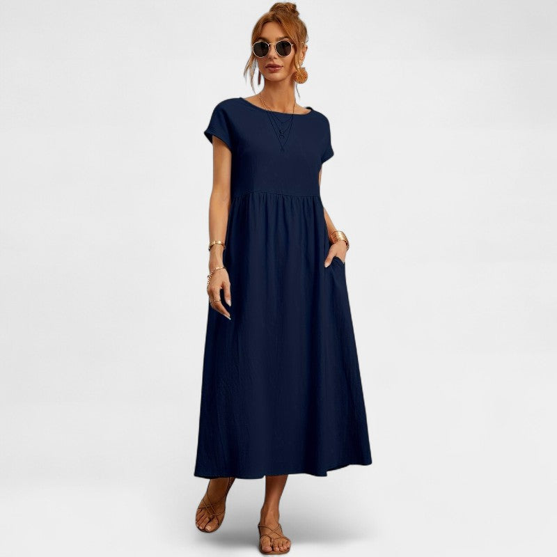 Virelle Lange Jurk - Linnen maxi dress met korte mouwen en ronde hals