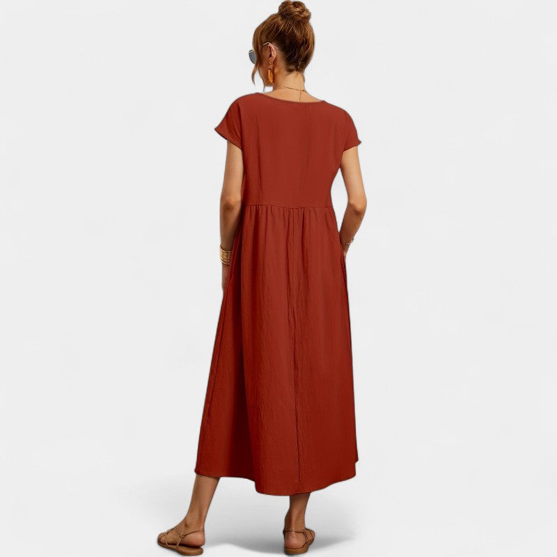 Virelle Lange Jurk - Linnen maxi dress met korte mouwen en ronde hals