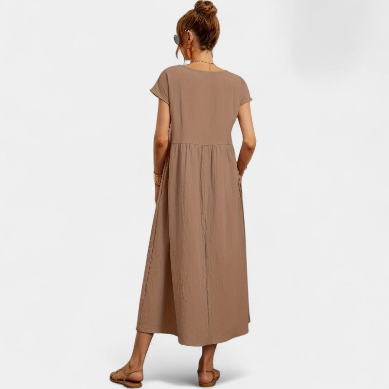 Virelle Lange Jurk - Linnen maxi dress met korte mouwen en ronde hals