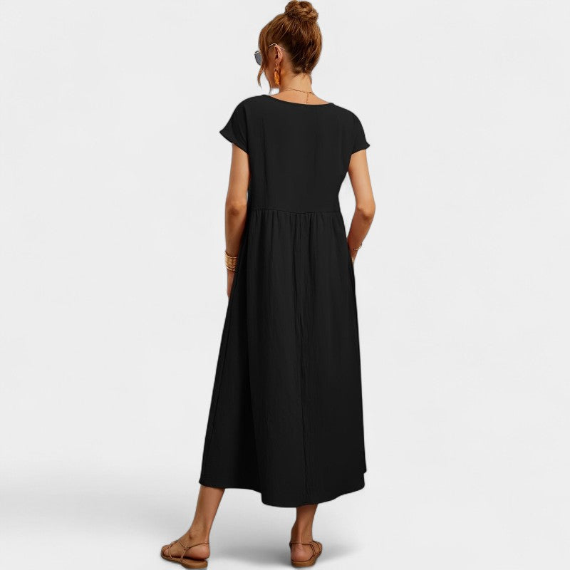 Virelle Lange Jurk - Linnen maxi dress met korte mouwen en ronde hals