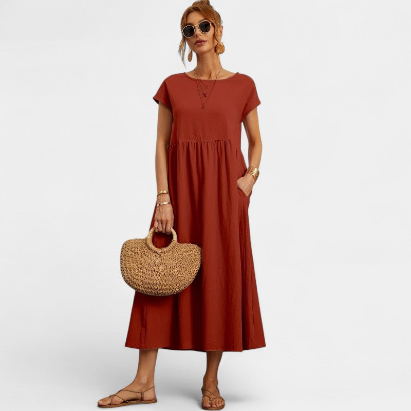 Virelle Lange Jurk - Linnen maxi dress met korte mouwen en ronde hals