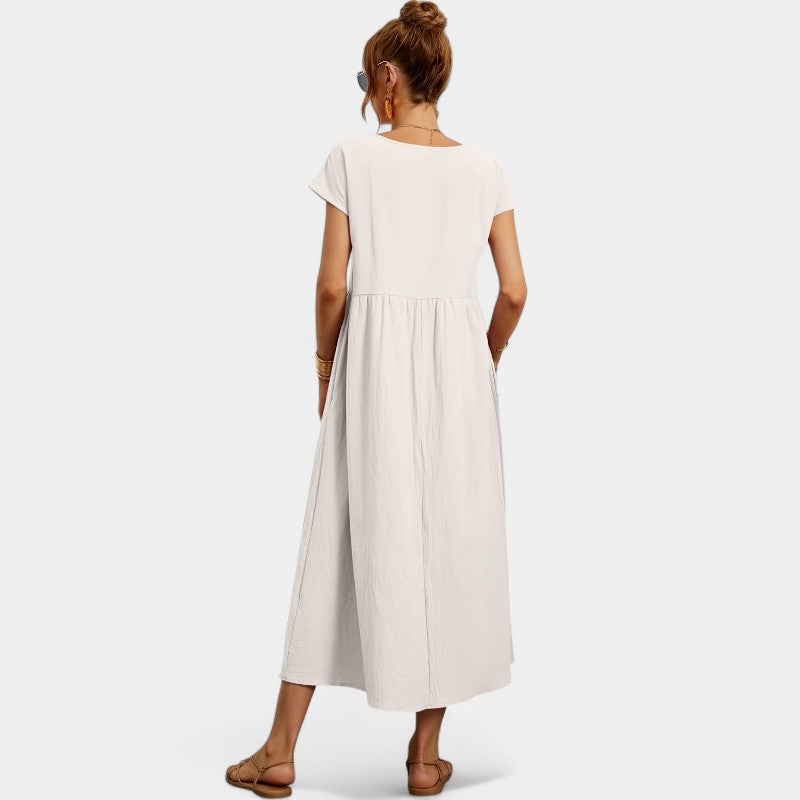 Virelle Lange Jurk - Linnen maxi dress met korte mouwen en ronde hals