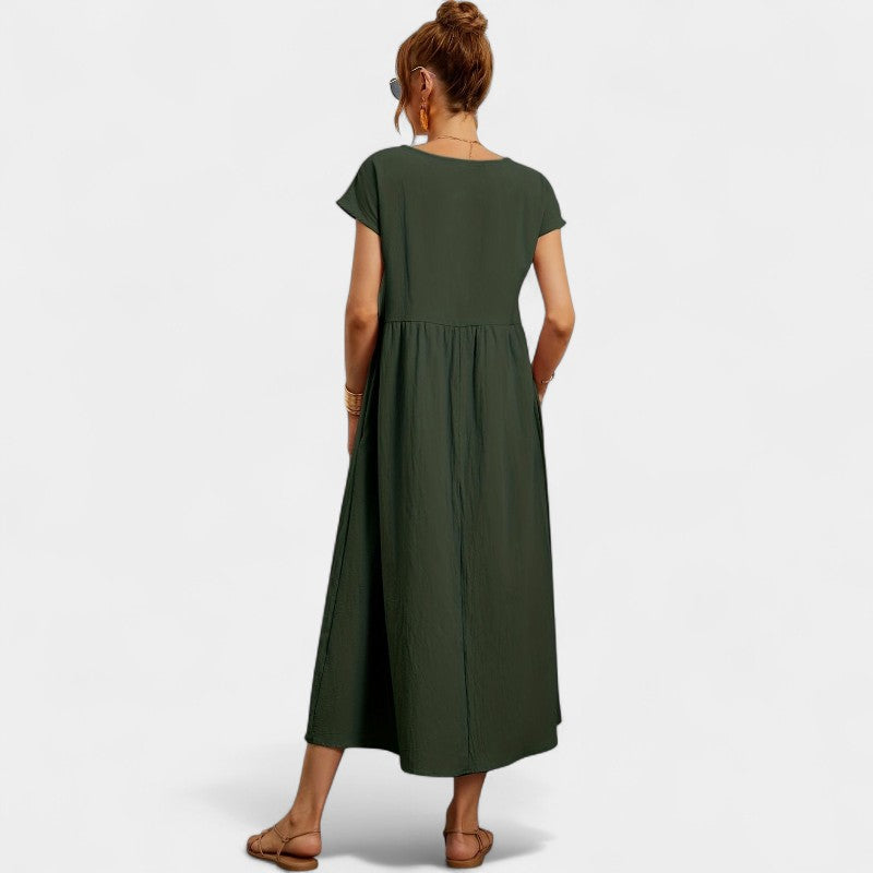 Virelle Lange Jurk - Linnen maxi dress met korte mouwen en ronde hals