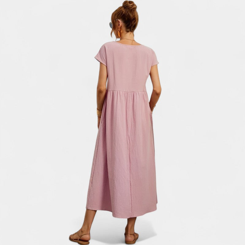 Virelle Lange Jurk - Linnen maxi dress met korte mouwen en ronde hals