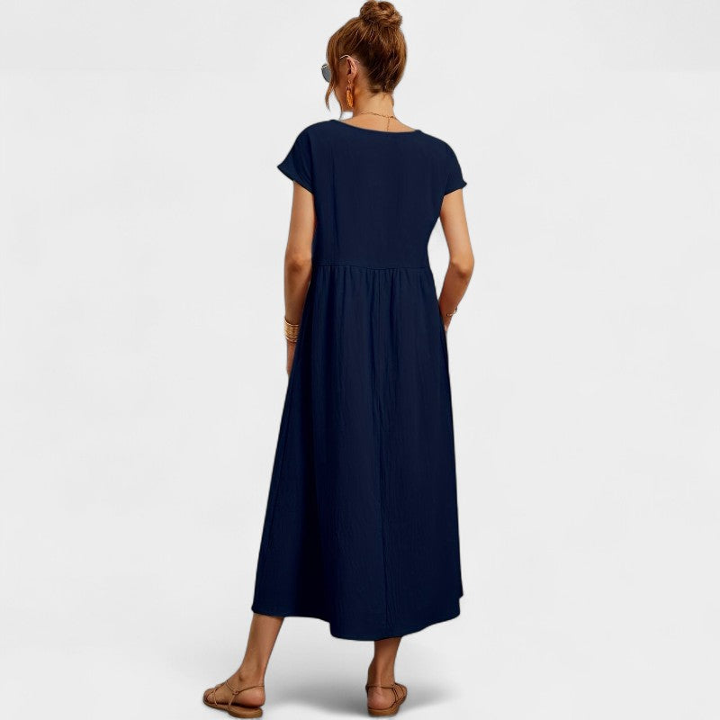 Virelle Lange Jurk - Linnen maxi dress met korte mouwen en ronde hals