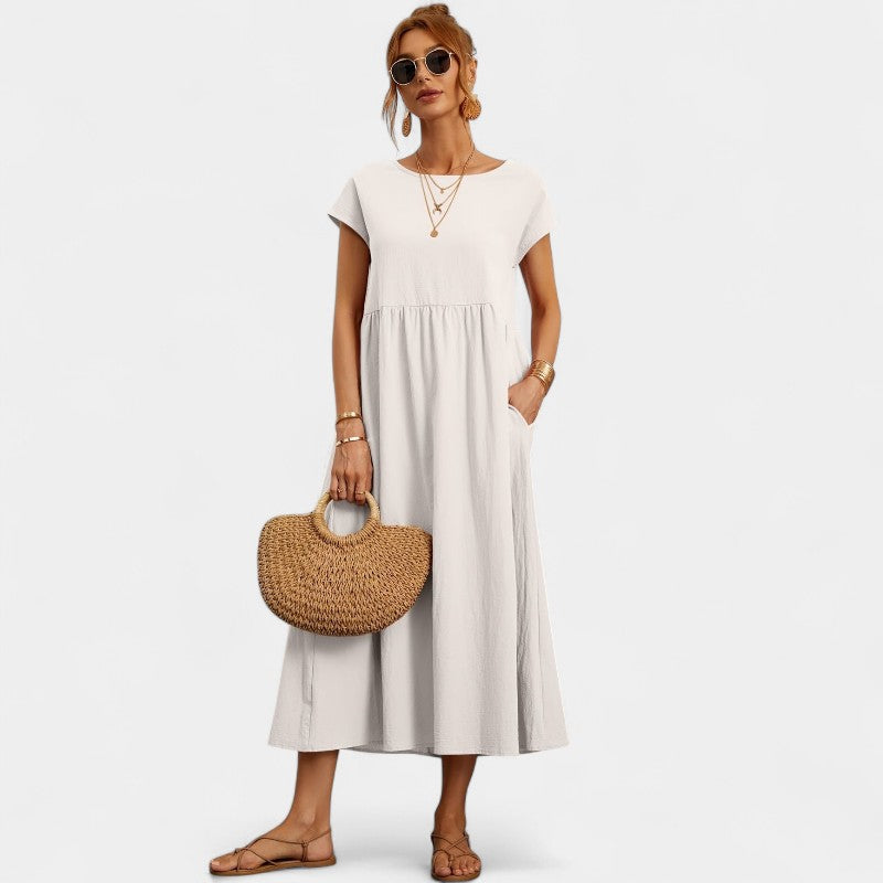 Virelle Lange Jurk - Linnen maxi dress met korte mouwen en ronde hals
