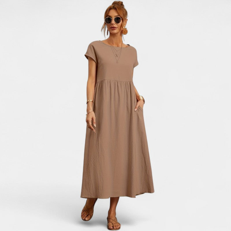 Virelle Lange Jurk - Linnen maxi dress met korte mouwen en ronde hals