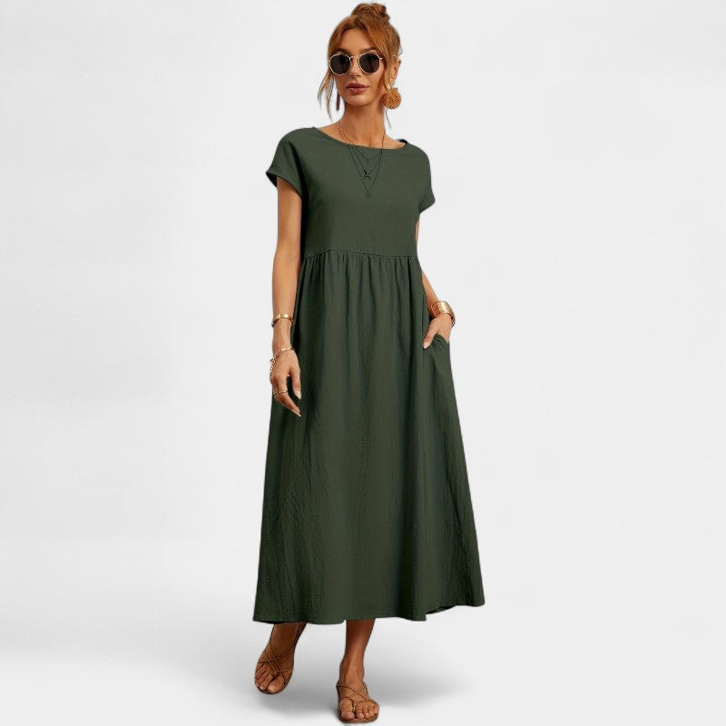 Virelle Lange Jurk - Linnen maxi dress met korte mouwen en ronde hals