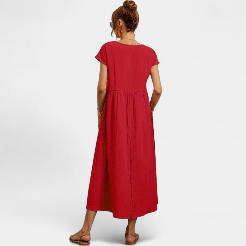 Virelle Lange Jurk - Linnen maxi dress met korte mouwen en ronde hals