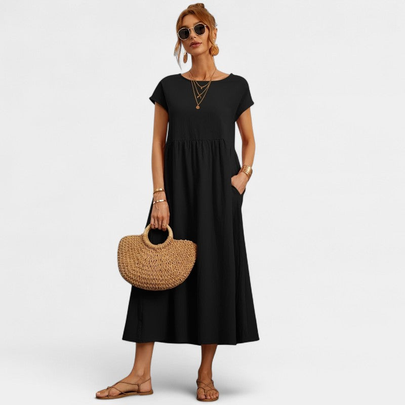 Virelle Lange Jurk - Linnen maxi dress met korte mouwen en ronde hals