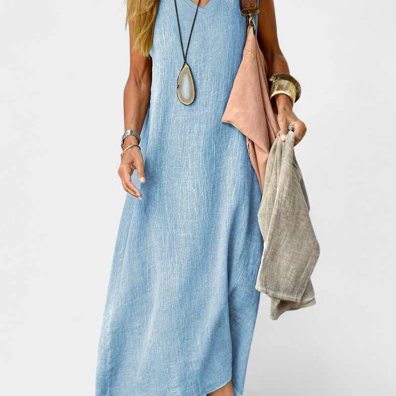 Virelle Lange Linnen Jurk - Maxi Dress met V-hals van zacht linnenblend