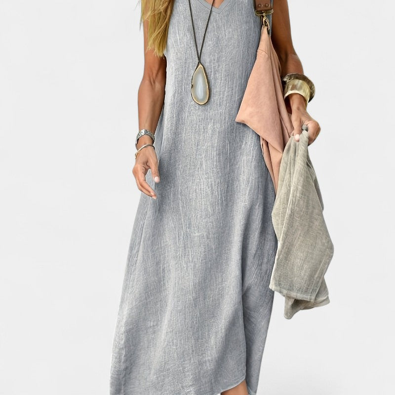 Virelle Lange Linnen Jurk - Maxi Dress met V-hals van zacht linnenblend