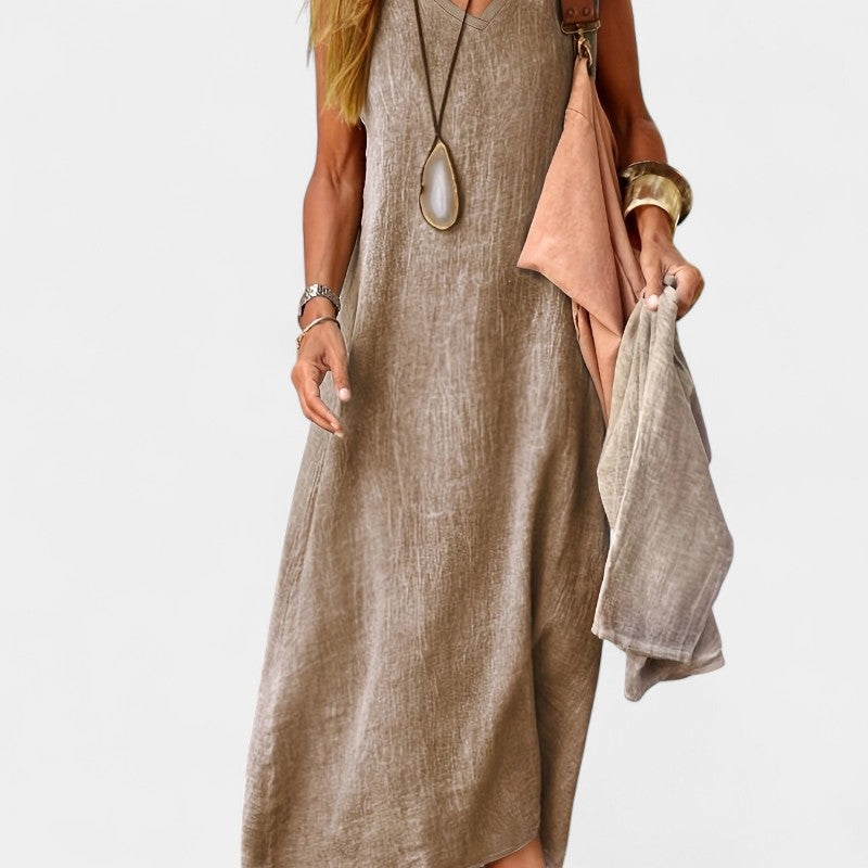 Virelle Lange Linnen Jurk - Maxi Dress met V-hals van zacht linnenblend