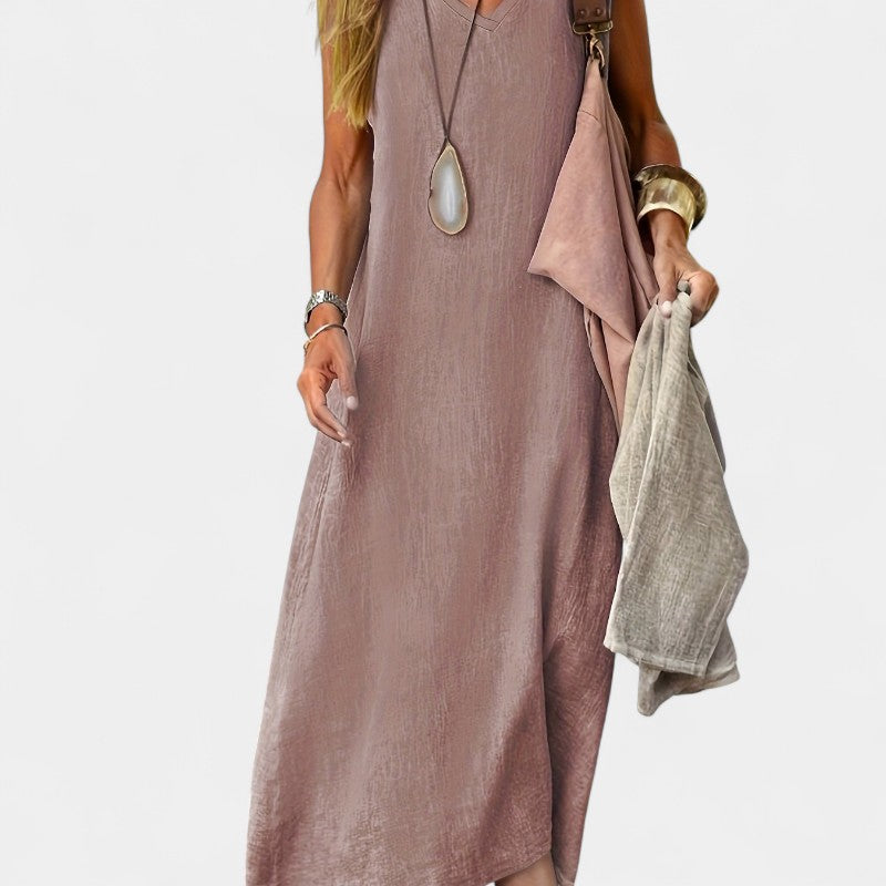 Virelle Lange Linnen Jurk - Maxi Dress met V-hals van zacht linnenblend