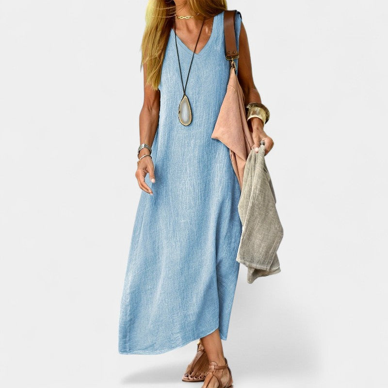 Virelle Lange Linnen Jurk - Maxi Dress met V-hals van zacht linnenblend