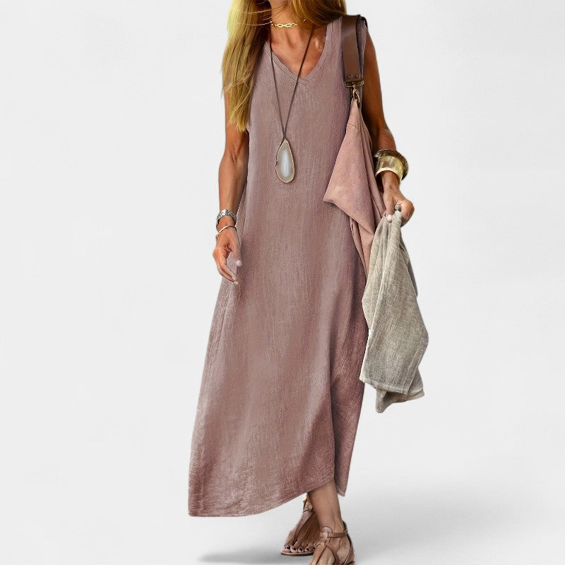 Virelle Lange Linnen Jurk - Maxi Dress met V-hals van zacht linnenblend