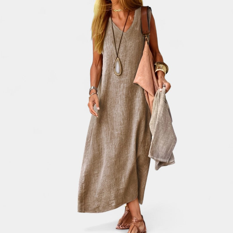 Virelle Lange Linnen Jurk - Maxi Dress met V-hals van zacht linnenblend