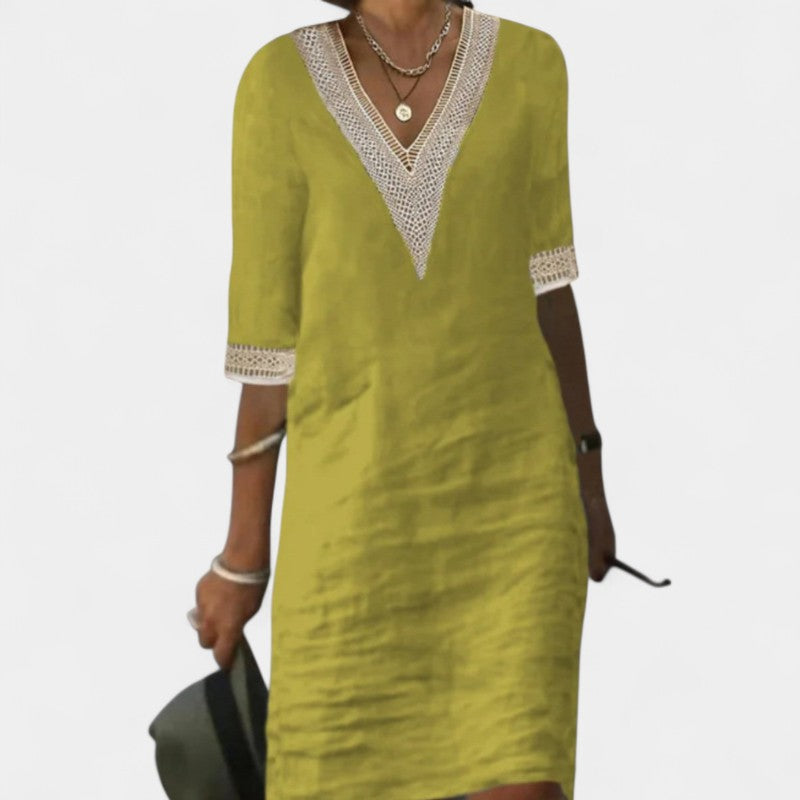 Virelle Jurk - Katoenen Linnen Midi dress met V-hals