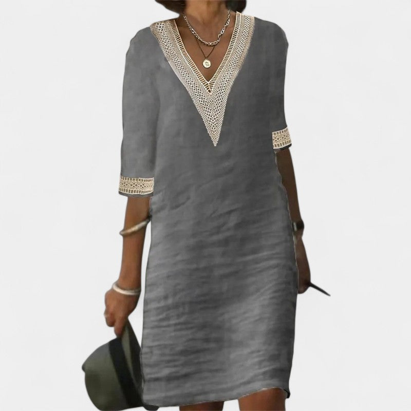 Virelle Jurk - Katoenen Linnen Midi dress met V-hals