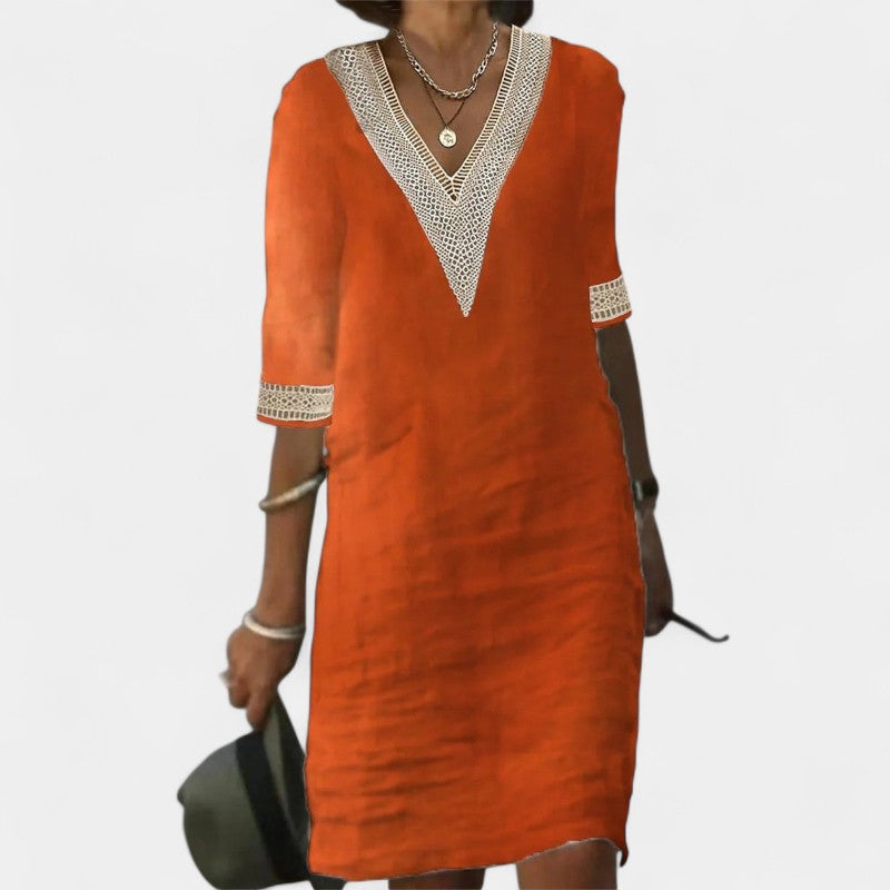 Virelle Jurk - Katoenen Linnen Midi dress met V-hals