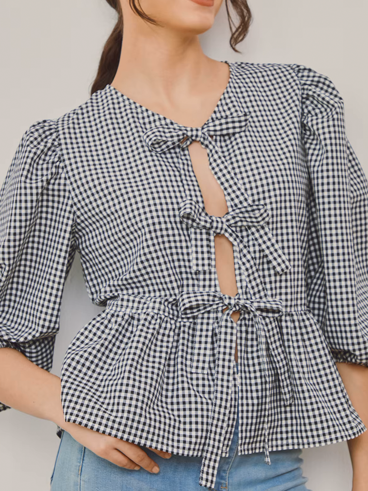 Sanne Geruite Blouse Dames | Strikjes Blouse Vrouw | Met Pofmouwen Zwart/Wit
