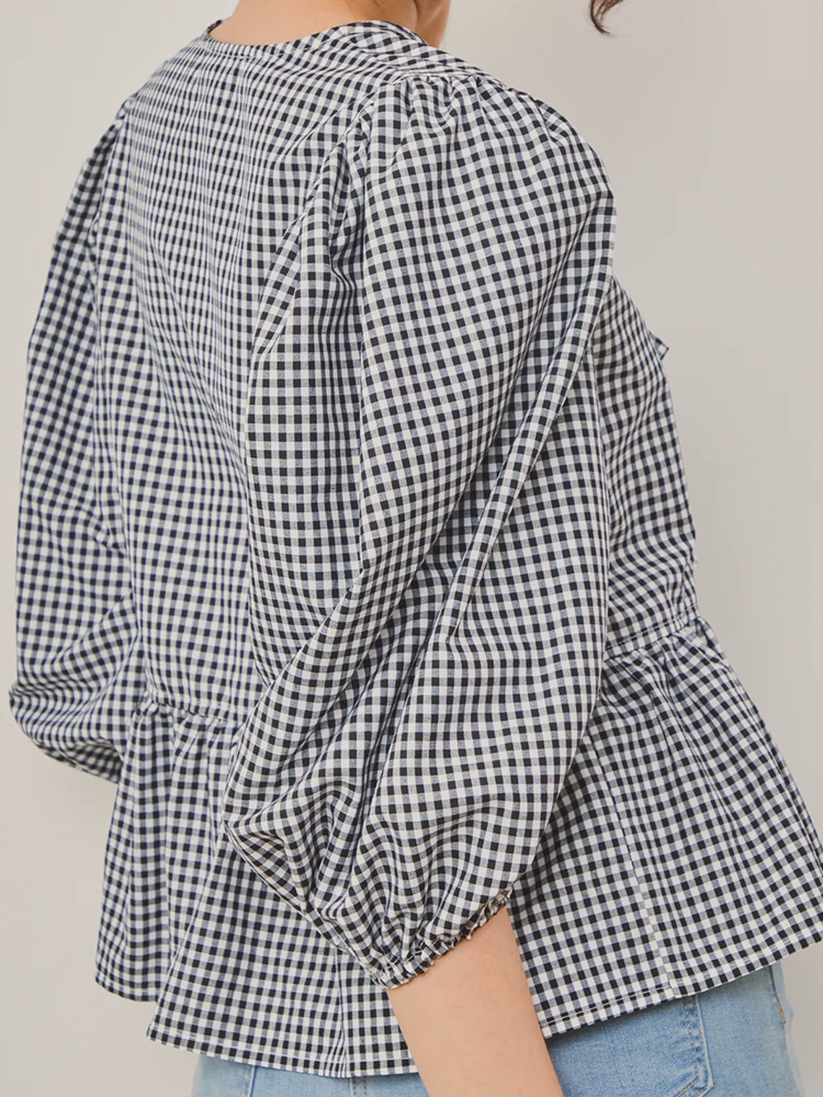 Sanne Geruite Blouse Dames | Strikjes Blouse Vrouw | Met Pofmouwen Zwart/Wit