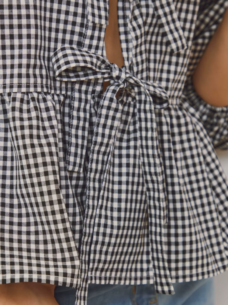 Sanne Geruite Blouse Dames | Strikjes Blouse Vrouw | Met Pofmouwen Zwart/Wit