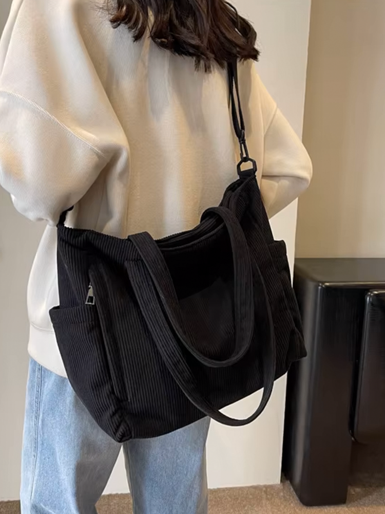 Tessa Vierkante Corduroy Schoudertas | Shopper | Handtas Zwart