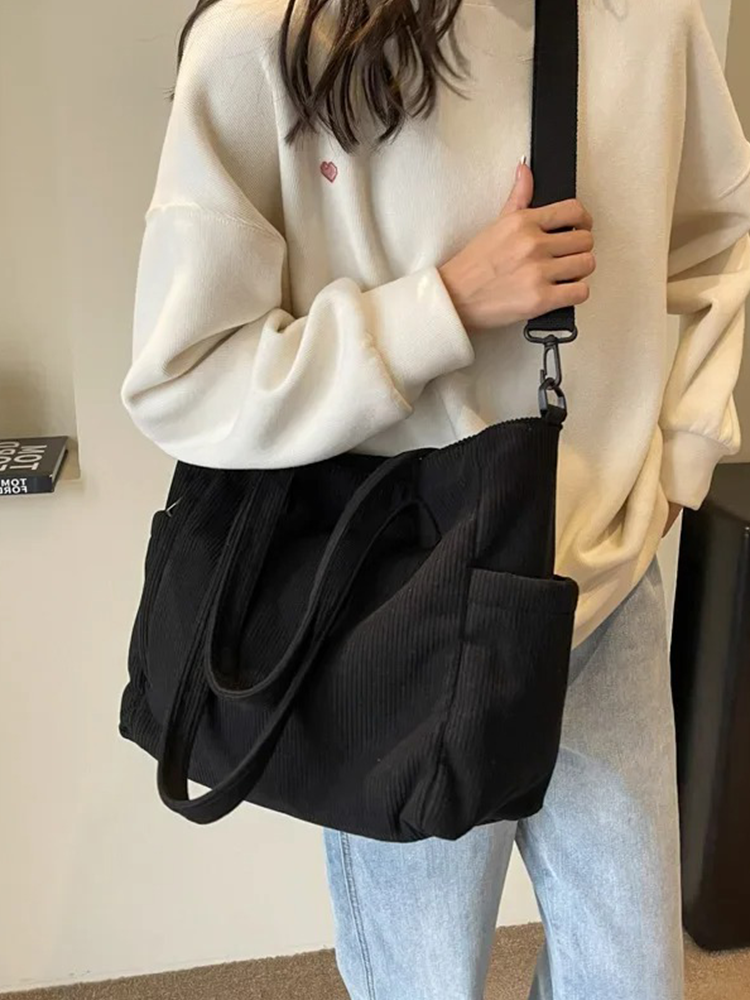 Tessa Vierkante Corduroy Schoudertas | Shopper | Handtas Zwart