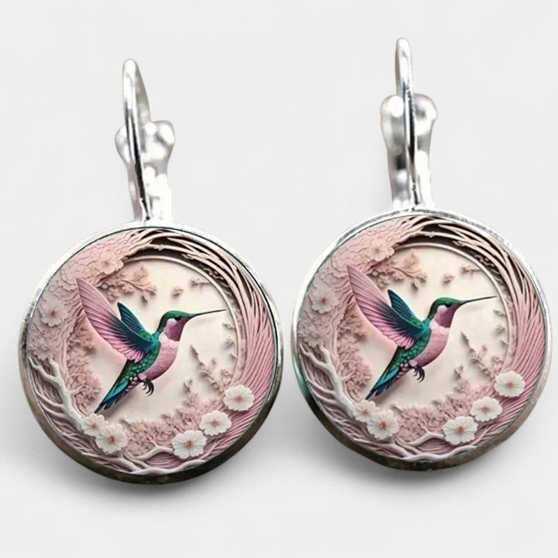 Virelle-Hangerketting-Virelle | Dames hangerketting – glaskabochon, kolibrie- en bloemenontwerp, ronde hanger