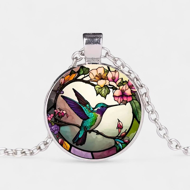Virelle-Hangerketting-Virelle | Dames hangerketting – glaskabochon, kolibrie- en bloemenontwerp, ronde hanger