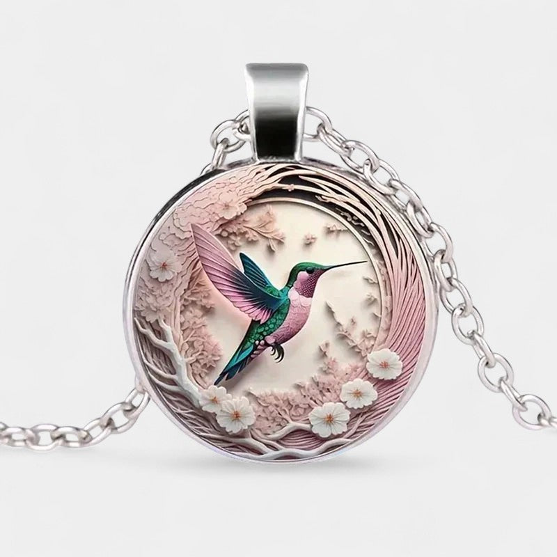 Virelle-Hangerketting-Virelle | Dames hangerketting – glaskabochon, kolibrie- en bloemenontwerp, ronde hanger