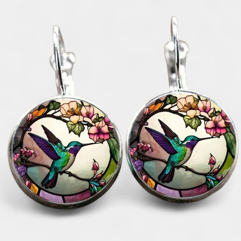 Virelle-Hangerketting-Virelle | Dames hangerketting – glaskabochon, kolibrie- en bloemenontwerp, ronde hanger