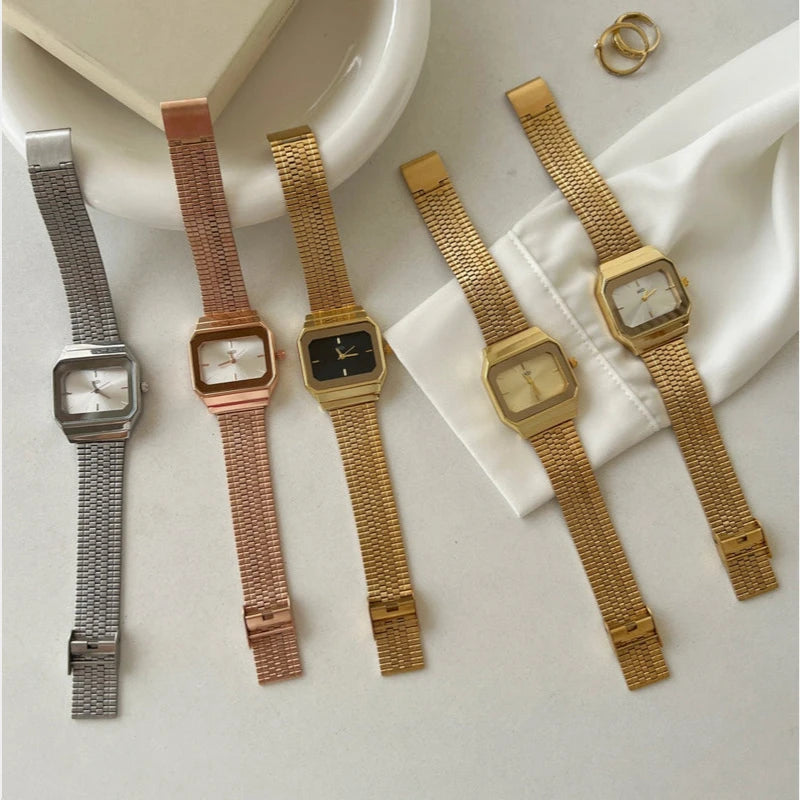 Virelle-Horloges-Virelle | Dames Horloge – Retro Kastvorm, Geweven Stalen Band, Minimalistische Wijzerplaat