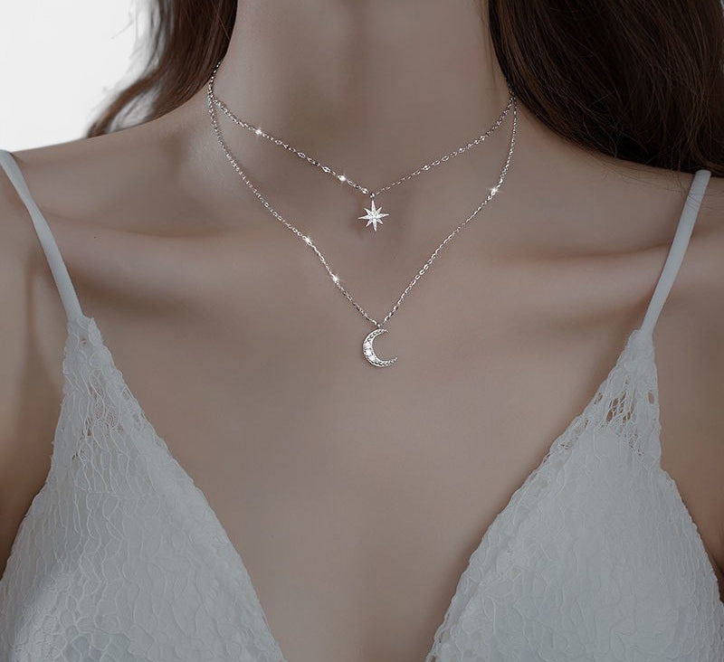 Virelle-Jewelry Necklace Moon-Virelle ketting - Zilveren gelaagde maan en ster halsketting
