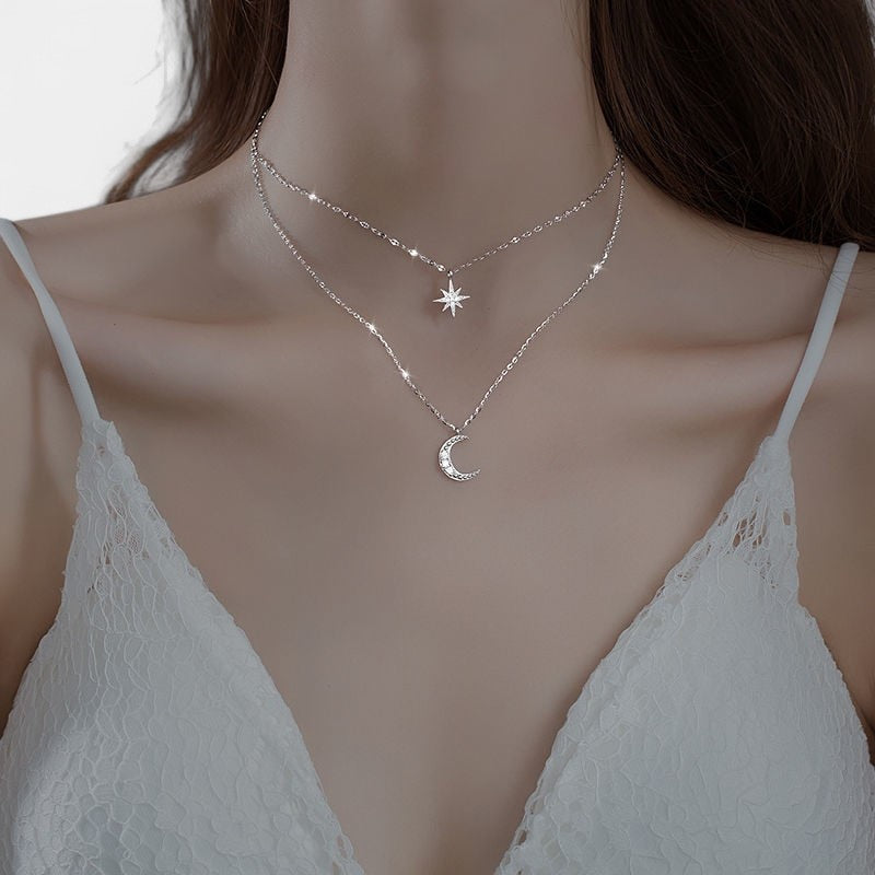 Virelle-Jewelry Necklace Moon-Virelle ketting - Zilveren gelaagde maan en ster halsketting