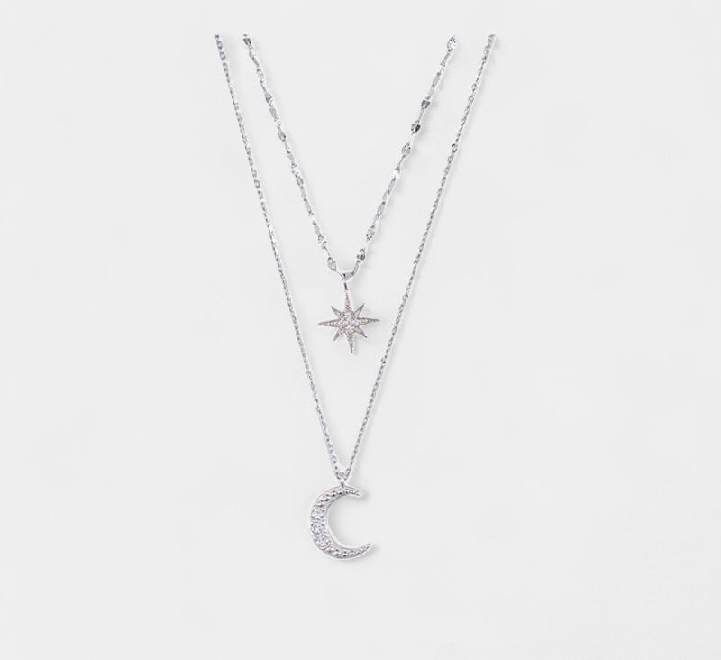 Virelle-Jewelry Necklace Moon-Virelle ketting - Zilveren gelaagde maan en ster halsketting